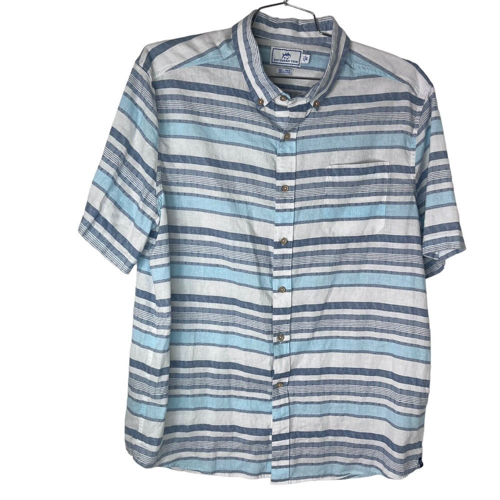 Southern Tide Button Down Shirt Linen Short Slv Green Blue White‎ Men's Size XL